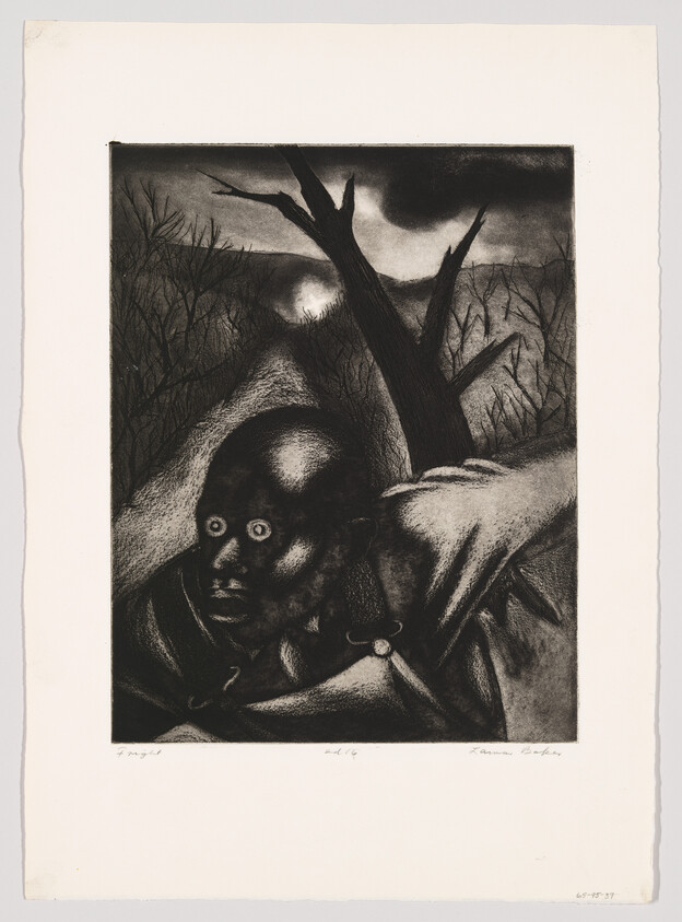 A frightened man with wide eyes crouches in dark, snowy woods beneath a low moon.
