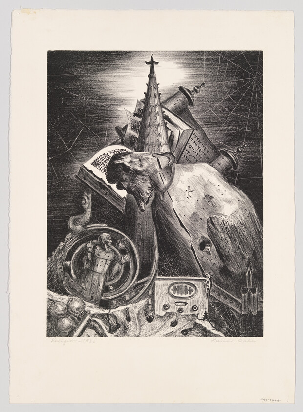 Surreal still life with an animal skull, a pointed tower, open book, and an old radio.