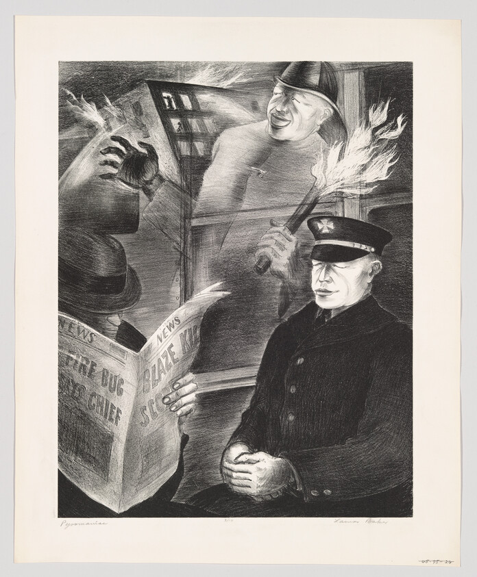Uniformed officer sits calmly while a man reads a newspaper and a firefighter holds a burning torch.