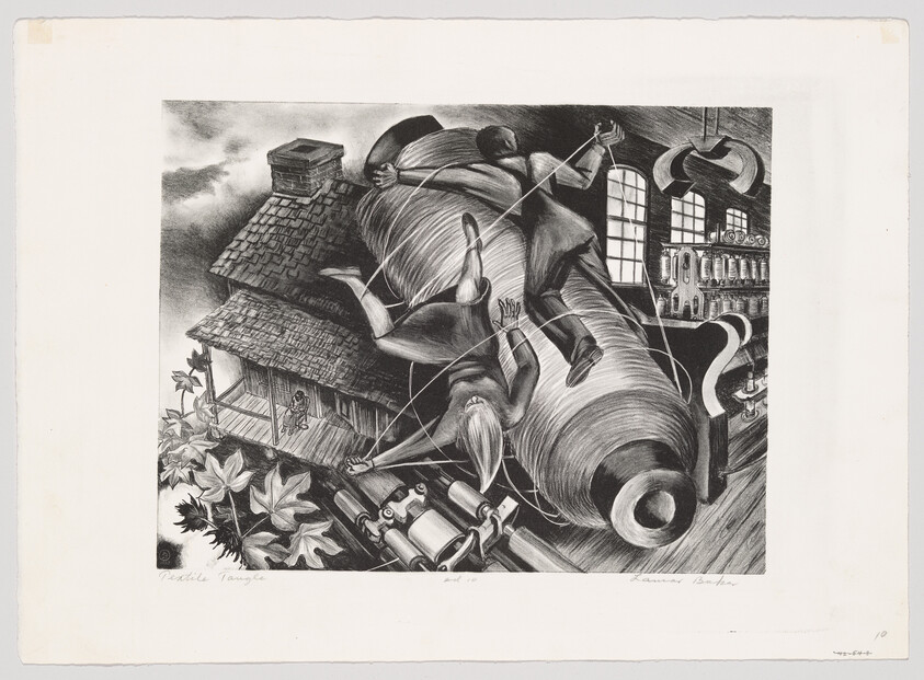 A black and white surrealist artwork depicting oversized sewing equipment and tiny human figures interacting with them. The scene includes a giant needle threading a rooftop, a colossal thimble, and a spool of thread, with a backdrop of a cloudy sky and a building with large windows. The artwork is signed by the artist in the lower left corner and has a title and edition number on the bottom margin.