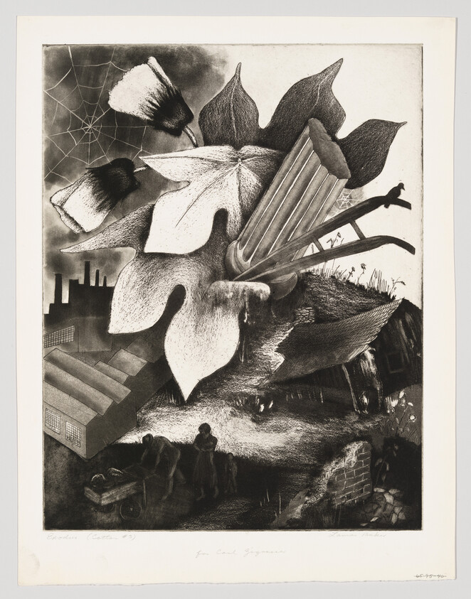 Black and white etching featuring a surreal composition with oversized calla lilies in the foreground, a spider web in the upper left corner, and a backdrop of industrial buildings with smokestacks. In the lower left, there are small figures of people, one pushing a cart, near brick structures, suggesting a scene of labor or poverty. The artwork combines elements of nature with industrial imagery, creating a stark contrast.
