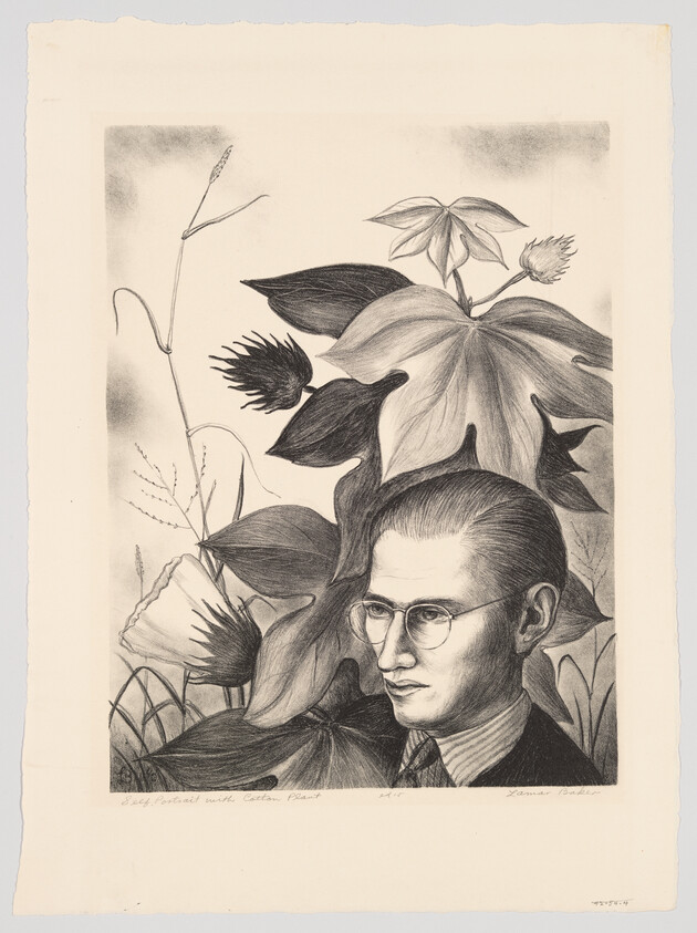 A detailed black and white lithograph featuring a portrait of a bespectacled man with slicked-back hair, superimposed on a background of various plants and flowers. The artwork has a vintage feel, and there is text at the bottom indicating the title and artist's signature.