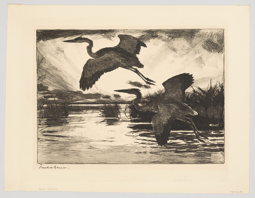 Three herons take flight over a marshy waterway at dusk, wings spread wide.