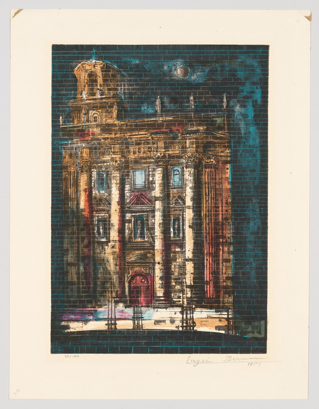 Colorful print of a historic building at night with a moon in the sky, signed by the artist.