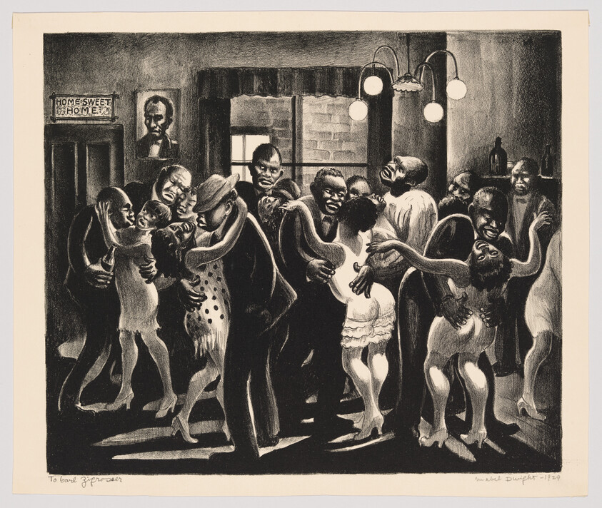 Crowded dance hall scene with couples closely embracing and dancing under hanging lights.