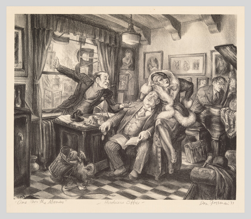 A producer slumps in a chair while a woman clings to him and a man gestures urgently.