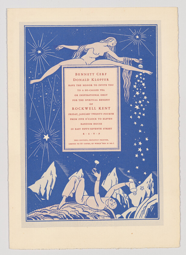 Vintage invitation card in blue and white, featuring an illustration of a nude female figure reaching out to a starry sky above and a reclining male figure holding a wine glass below, with text inviting to an event for Rockwell Kent by Bennett Cerf and Donald Klopfer.