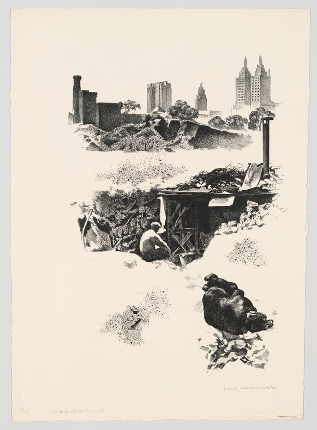 A person crouches at the entrance of an earth-covered shelter while a pig lies nearby.