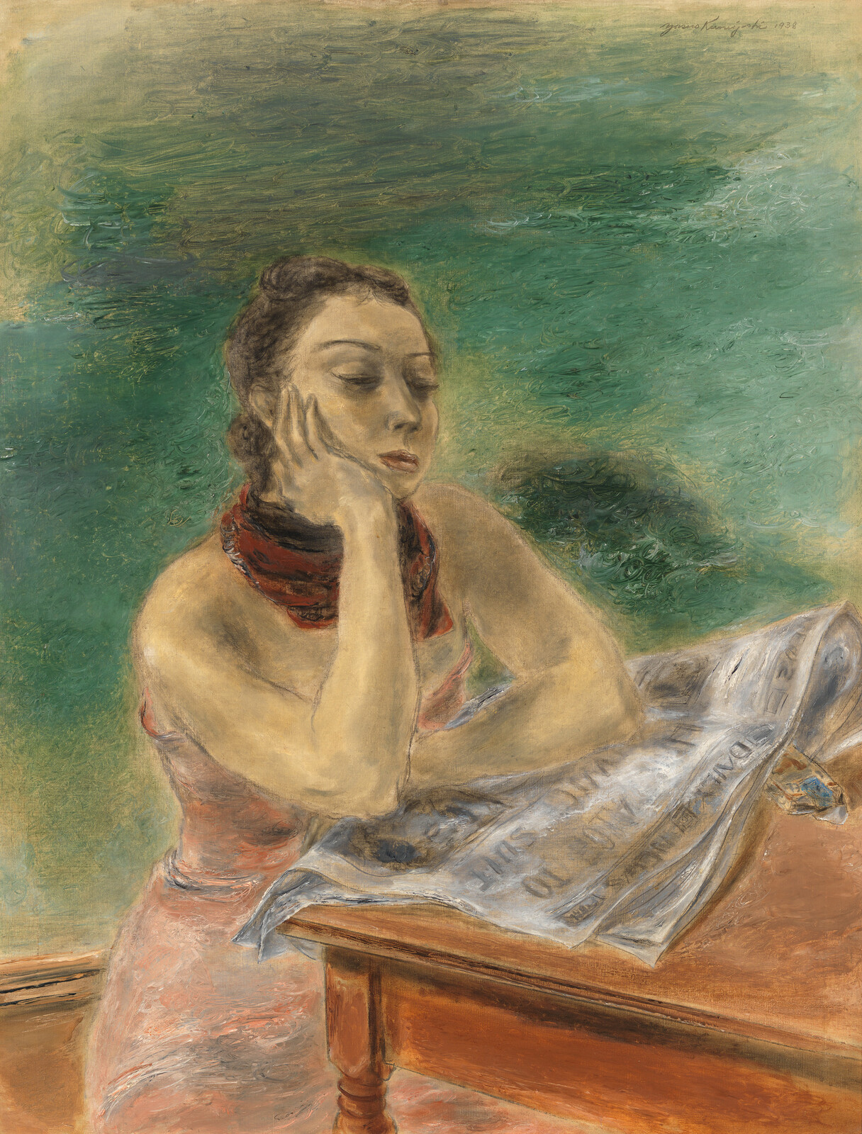 A pensive woman rests her head on her hand while leaning over a newspaper on a table.