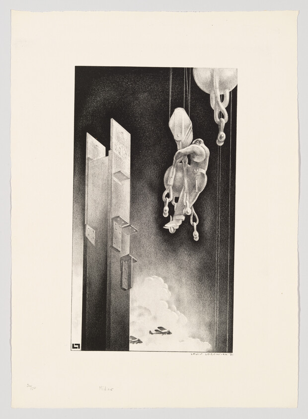 Large industrial hooks and pulleys hang over tall beams while small planes fly through clouds.