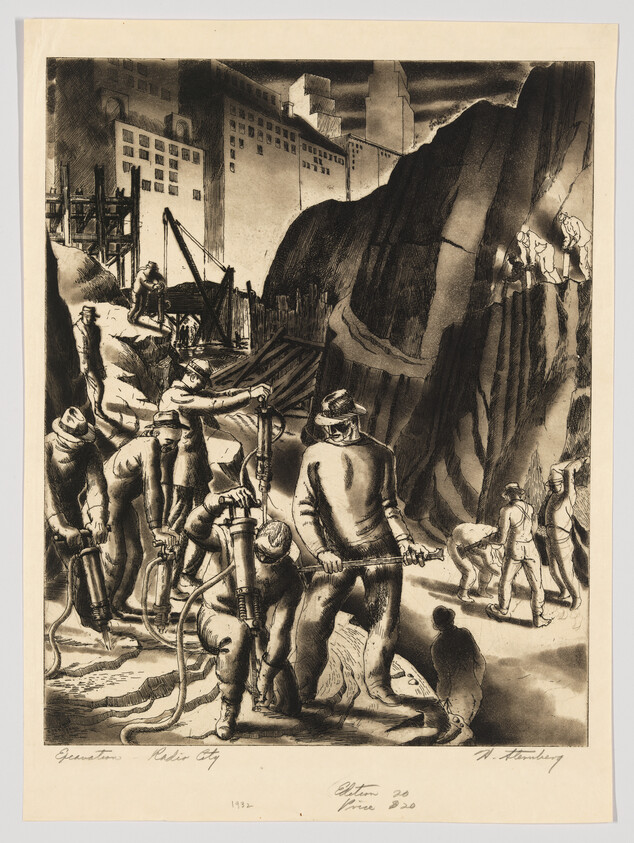 Men operate pneumatic drills and work on a deep rock cut at a city construction site.