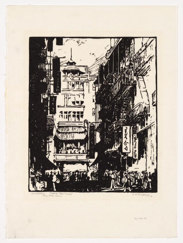 Black and white print depicting a bustling street scene in a densely built-up area with Asian architecture and signage.