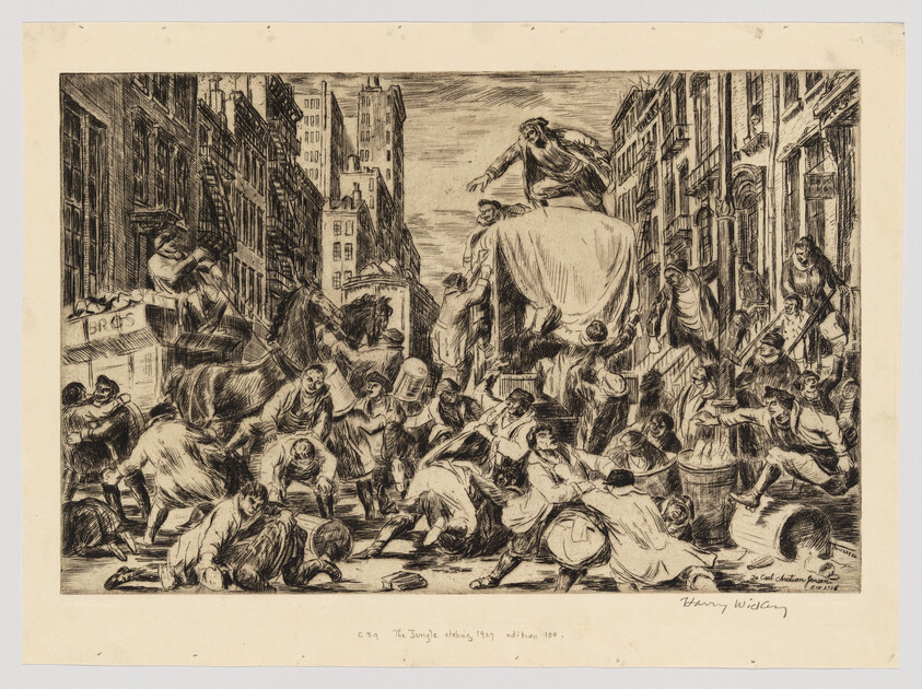 Crowded city street where people scramble and fight over goods amid overturned barrels and carts.