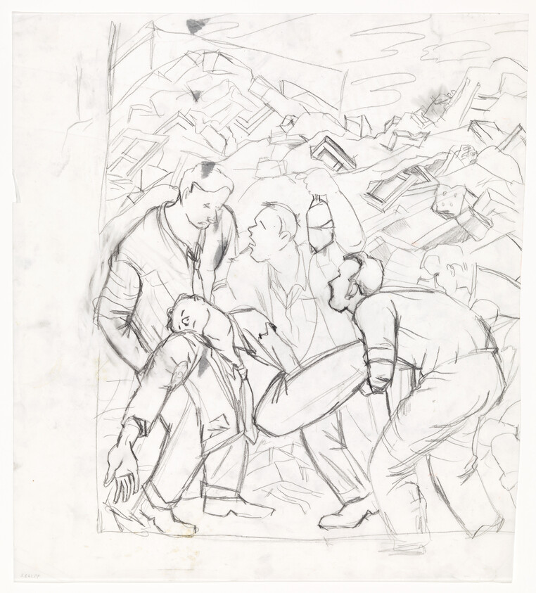 Sketch of four men in dynamic poses, with one appearing to be injured and supported by another, amidst a backdrop of abstract geometric shapes.