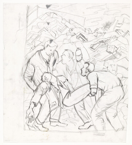 Several men carry an injured man through rubble while others search and assist.