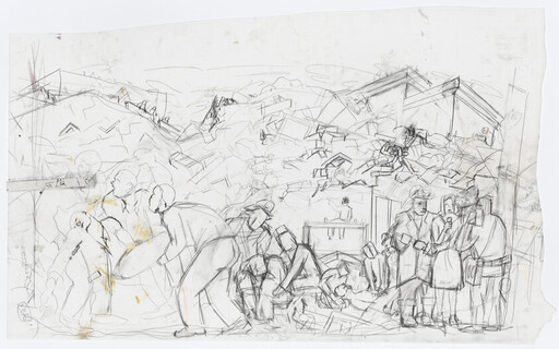Pencil sketch shows people searching through rubble and helping injured after a collapsed building.