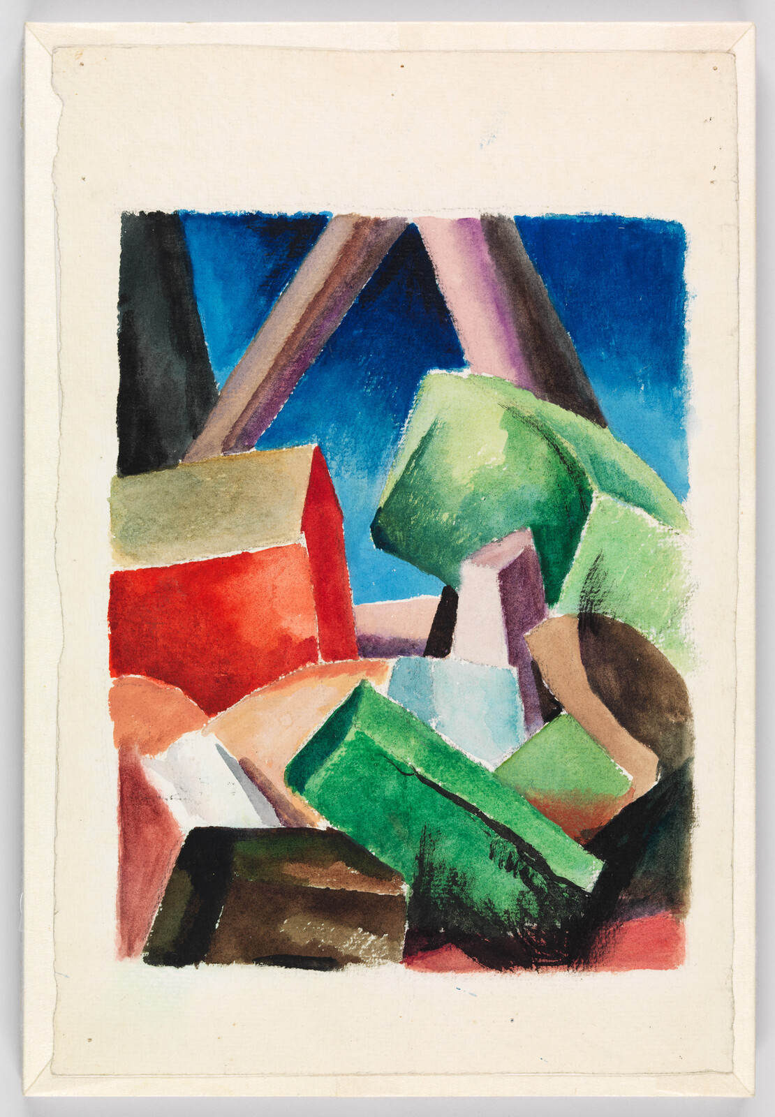 Bright abstract watercolor showing colorful geometric blocks and shapes arranged like a fragmented landscape.