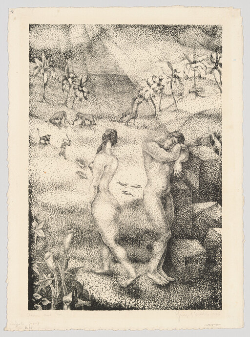 Two nude figures stand by rocks in a dotted tropical landscape with distant animals.