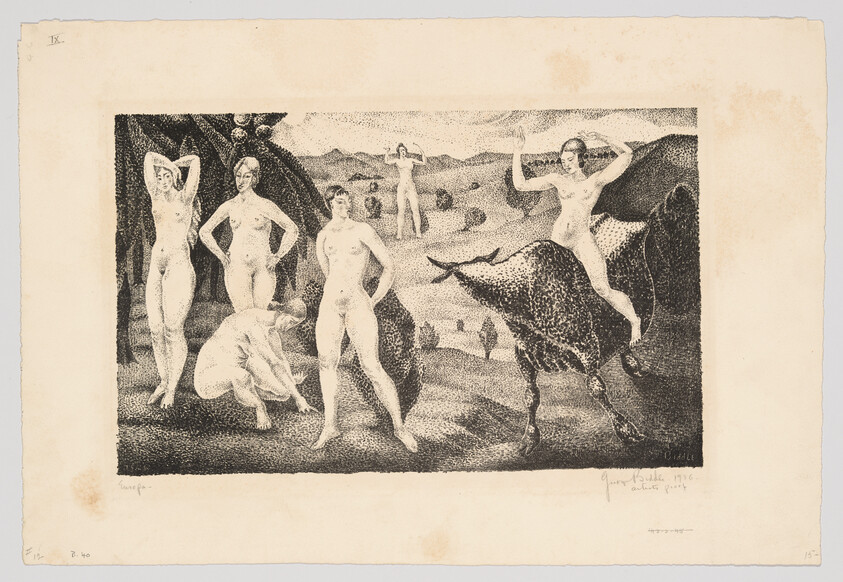 Several nude figures stand and crouch in a rural landscape while one person rides a bull.