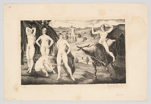 Several nude figures stand and crouch in a rural landscape while one person rides a bull.