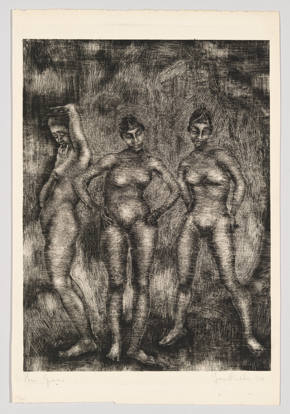 Three nude women stand together with hands on hips and varied poses against a textured background.