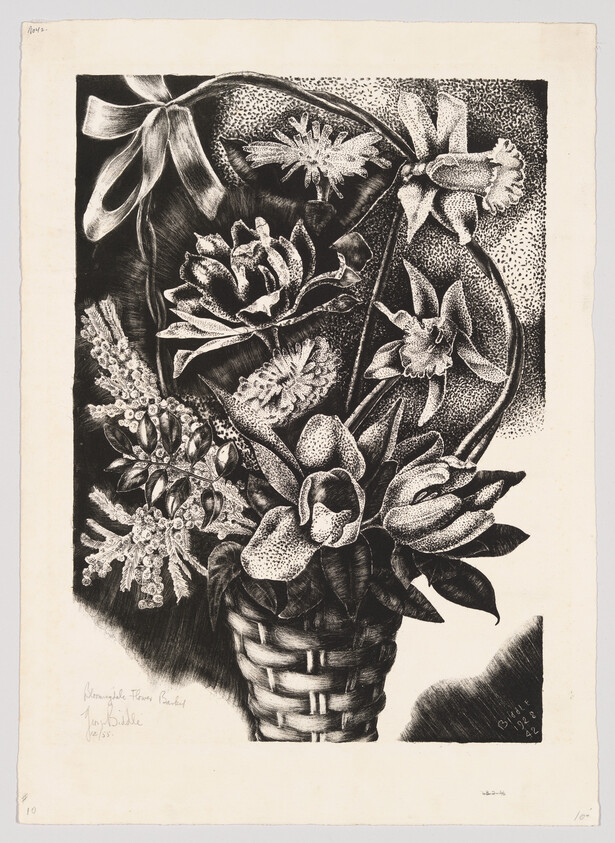 A woven basket holds a dense arrangement of varied flowers and a large ribbon bow.