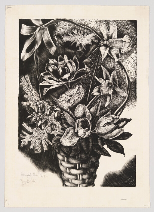 A woven basket holds a dense arrangement of varied flowers and a large ribbon bow.