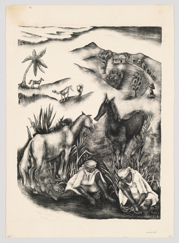 Two men sit and rest by tall grasses while horses stand nearby in a hilly landscape.