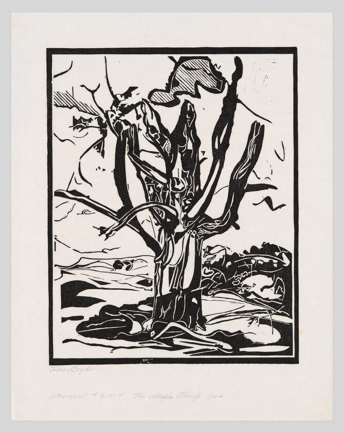 A bold black-and-white print shows a gnarled leafless tree standing in a simple landscape.