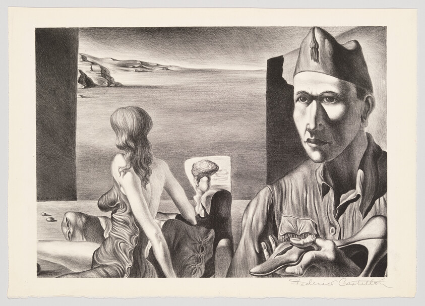 A solemn man in a cap offers a seashell while a woman looks toward a distant shoreline.