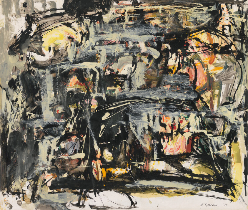 Abstract painting with vigorous black, gray, yellow, and pink brushstrokes and energetic splatters.