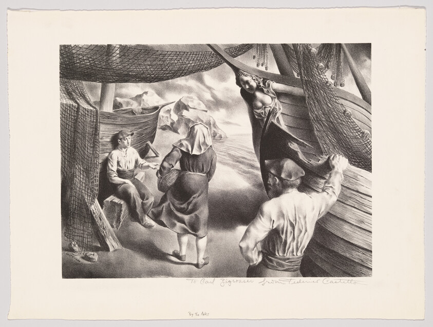 Three fishermen and a woman stand by wooden boats and fishing nets on a rocky shore.
