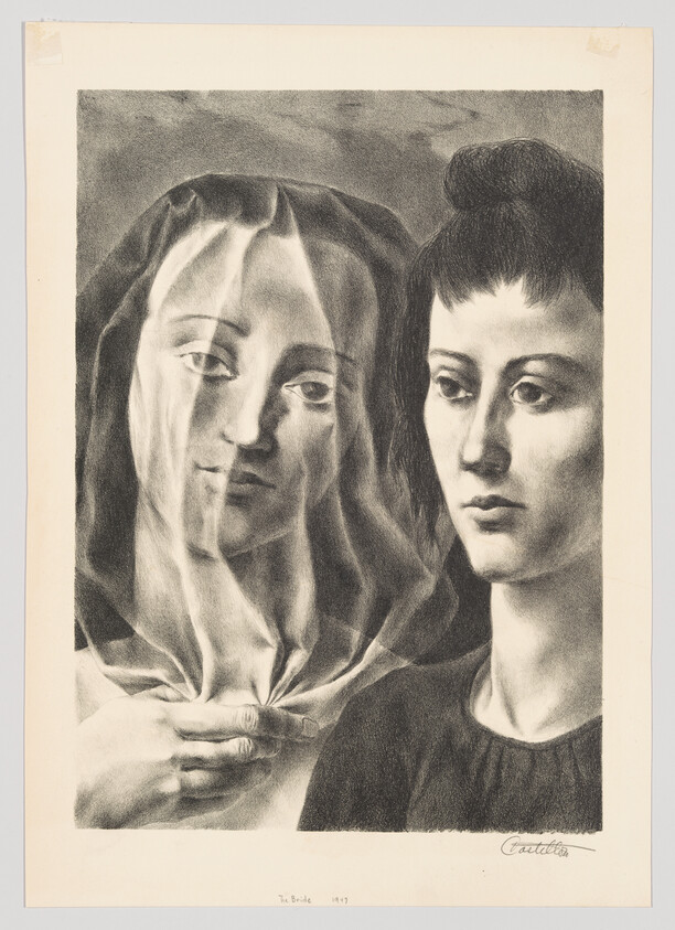Two women stand side by side, one holding a translucent veil over her face.