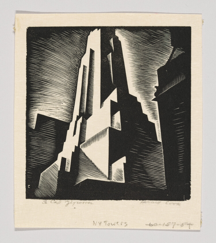 Tall angular skyscrapers rise with sharp geometric shadows in a bold black-and-white print.