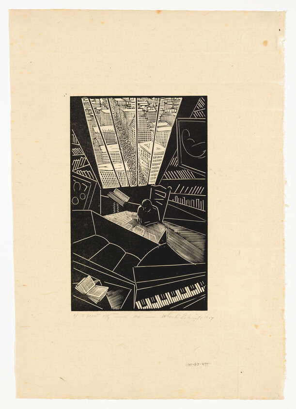 Person sitting at desk in a room with a piano, open book, and tall city buildings outside the window.