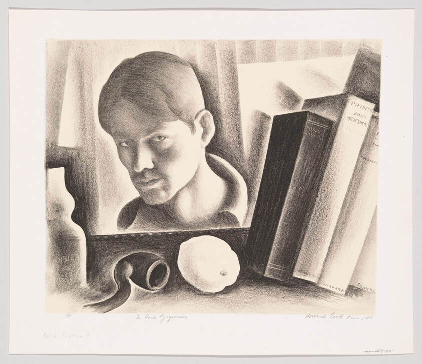 A drawn male head peers over a shelf with books, a ribbon, and a lemon.