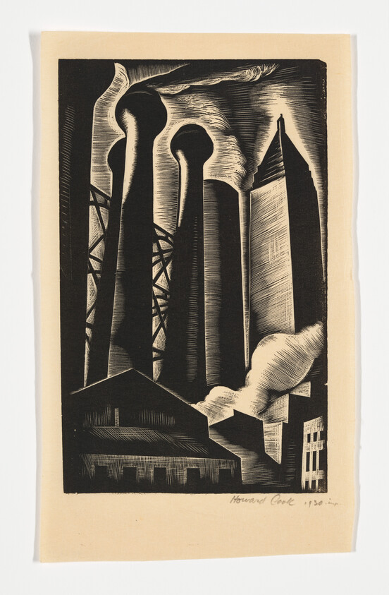 Tall industrial smokestacks and factory buildings emit smoke against a dark sky.