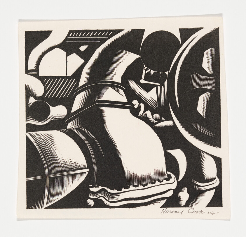 Close-up black-and-white print of interlocking industrial pipes and gears with bold shading.