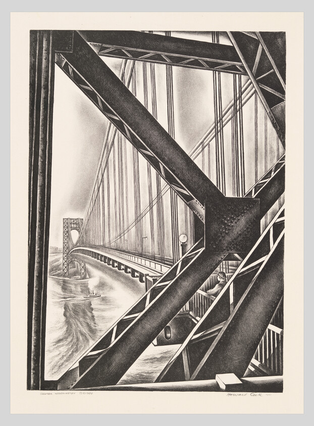 Large steel bridge truss framing a suspension bridge span with a person leaning on the railing.