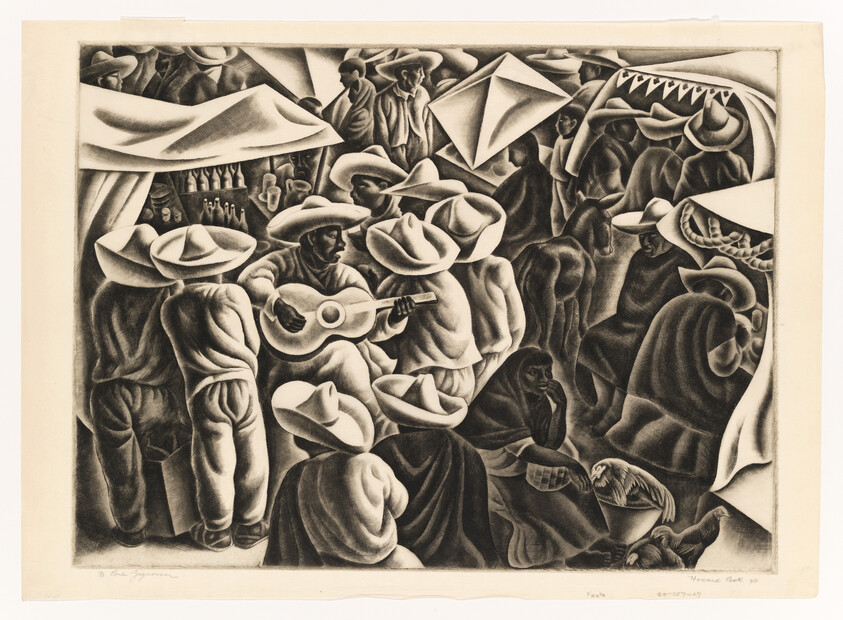 Man playing guitar in crowded market while people in wide-brimmed hats listen and talk.