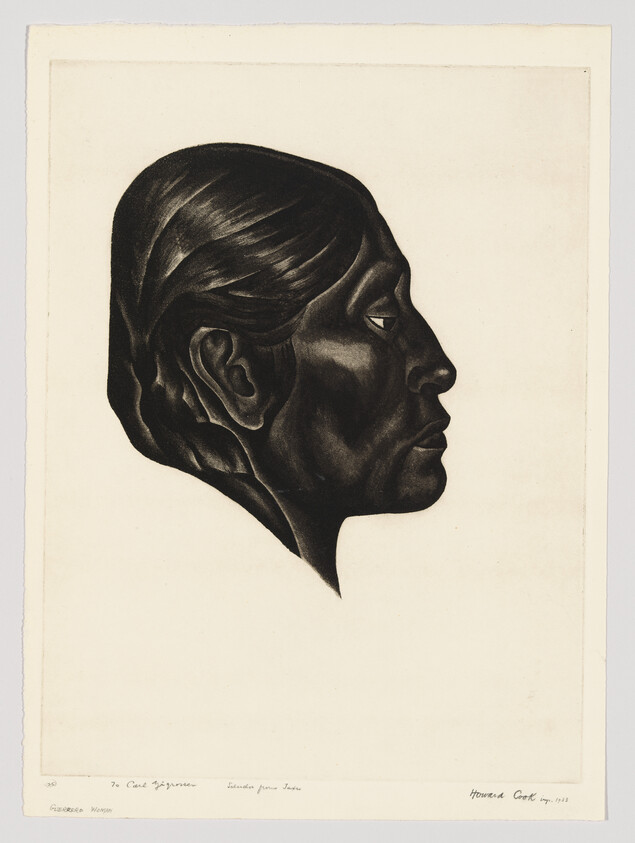 Profile of a dark-toned male head rendered in strong shadow and fine detail.