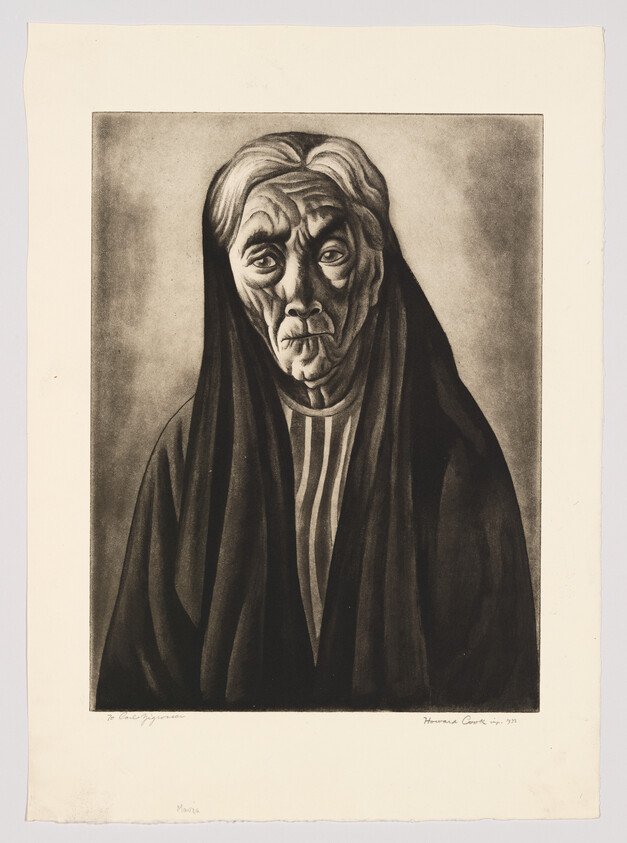 Elderly woman in a dark shawl stares solemnly with deep facial wrinkles.