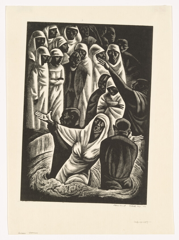 A woman is being baptized in swirling water while a gathered crowd watches intently.