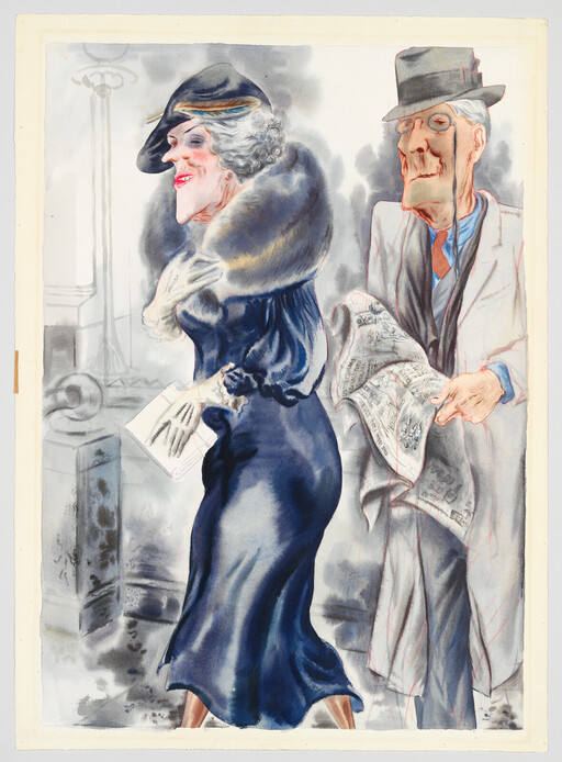 Older elegantly dressed woman walks past an older man holding a newspaper and staring.
