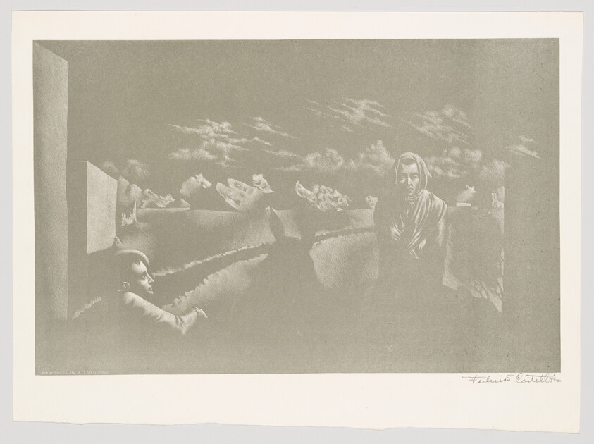 A cloaked woman stands on a rooftop while a child leans over a low wall watching.