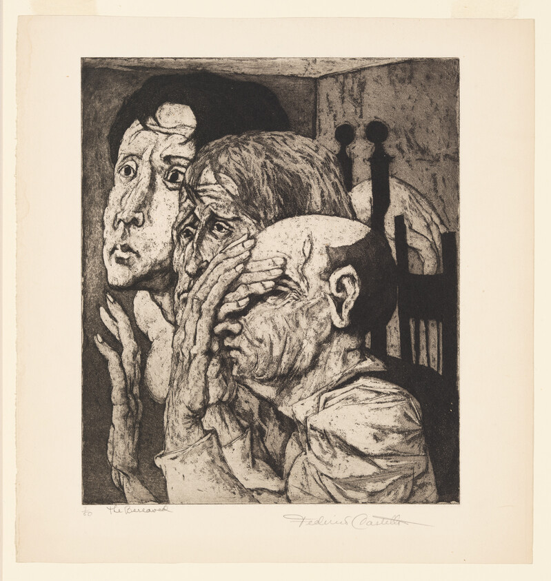 Three anguished figures press hands to their faces in a close, monochrome etching.