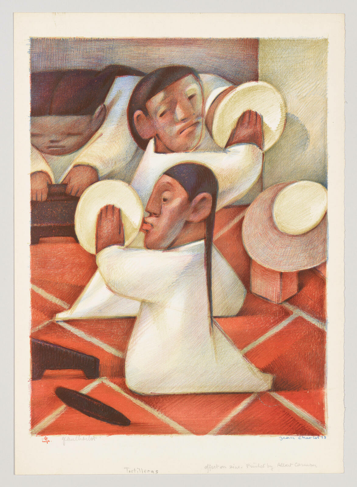 A colorful artwork depicting three figures wearing white traditional outfits with wide-brimmed hats, engaged in the process of making tortillas. Two figures are seated, one is flattening dough while the other is asleep leaning on a wall. The third figure is standing, pressing dough with a tool. The scene is set on a red-tiled floor, and the artwork includes the title "Tortilleras" and signatures at the bottom.