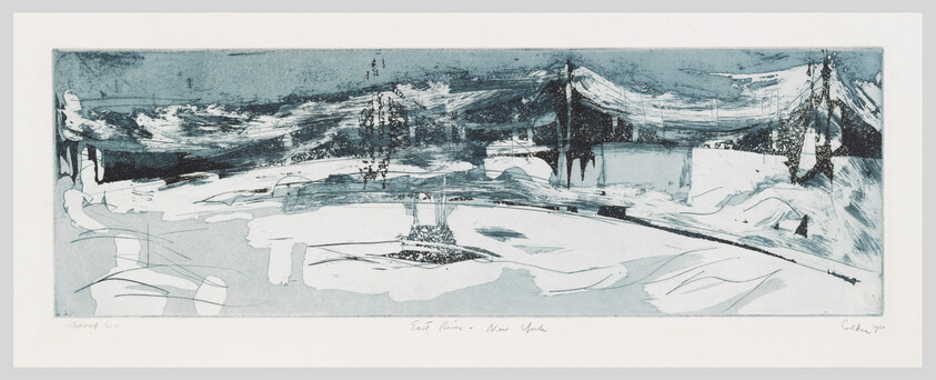 Monochrome landscape etching of a snowy scene with mountains in the background and a fountain in the foreground.