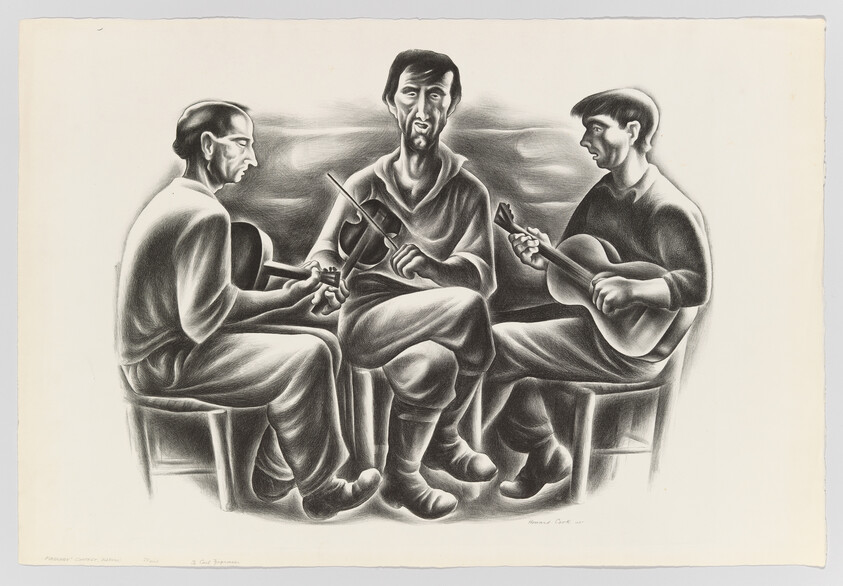 A black and white lithograph depicting three male figures seated and playing musical instruments. The man in the center is singing and playing a violin, flanked by two others playing guitars. The artwork is rendered in a realistic style with strong shadows and highlights, emphasizing the contours of the figures and their instruments. The artist's signature and the year '55 are visible in the lower right corner.