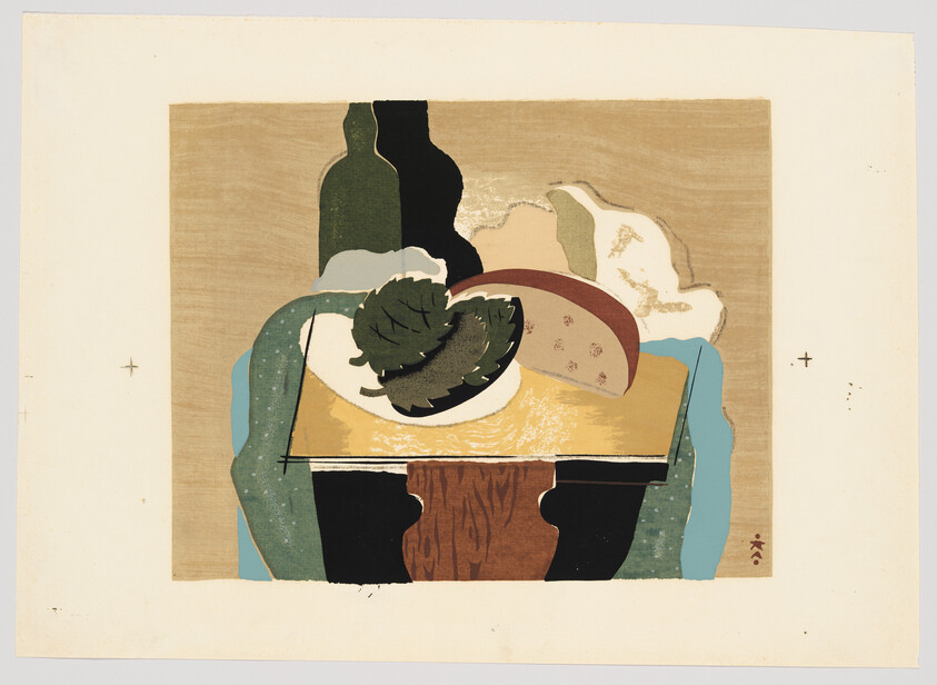 Still-life composition showing a table with a plate of artichokes, bread, and bottles.